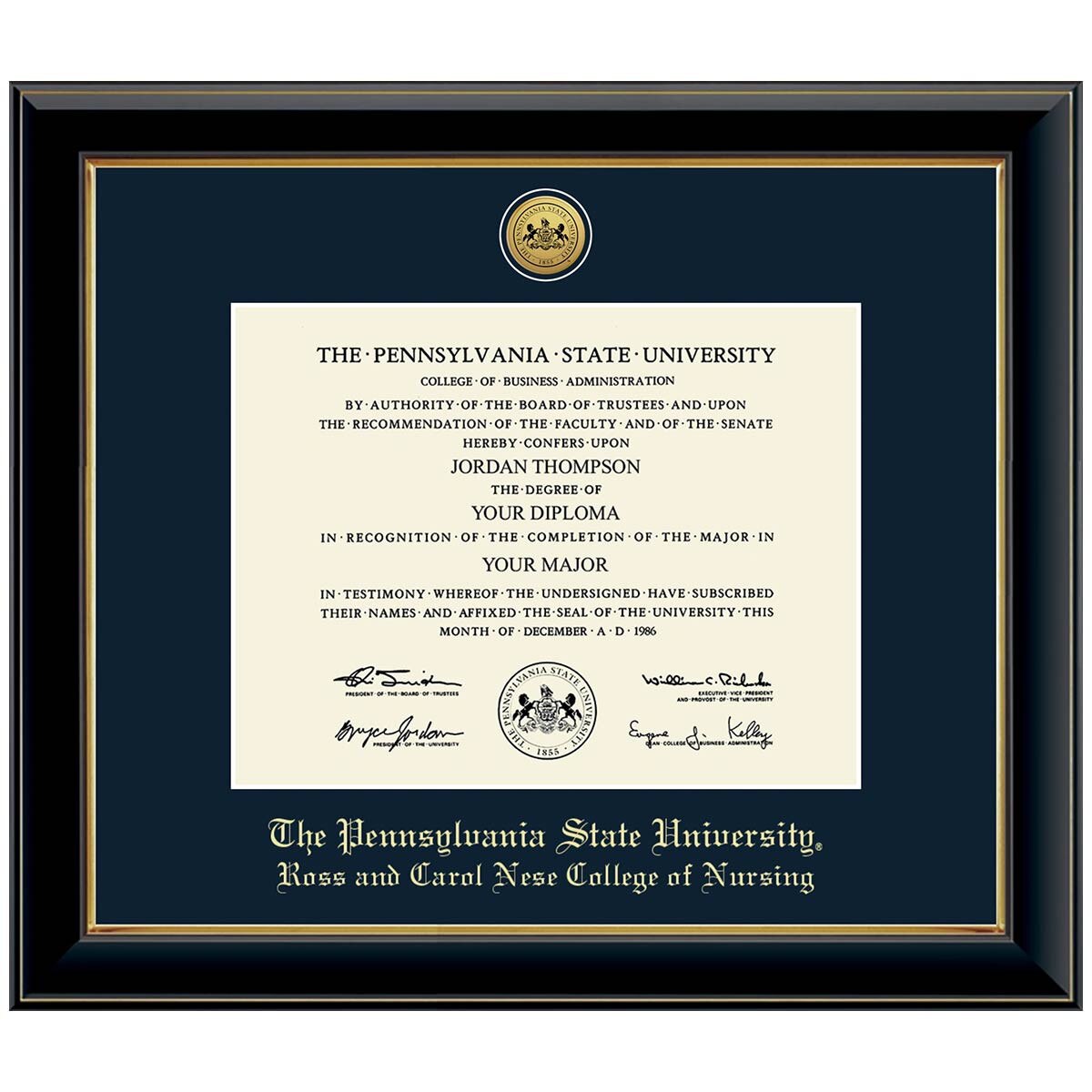 #107 Ross and Carol Nese College of Nursing diploma frame Gold Medallion (Black)